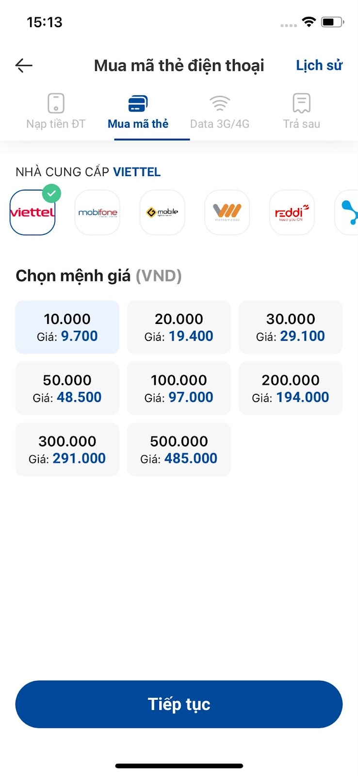 Khách hàng dùng mạng Viettel nhập số điện thoại và chọn mệnh giá nạp phù hợp