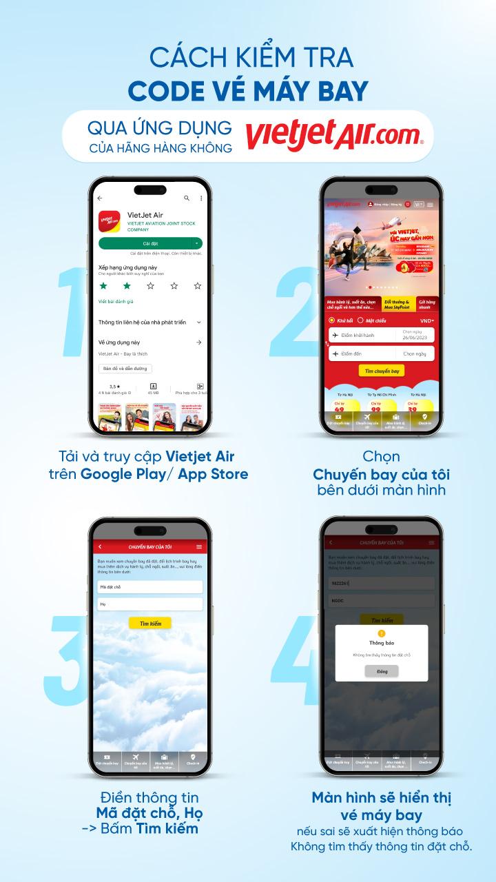 Cách kiểm tra mã code vé máy bay qua ứng dụng của hãng hàng không Vietjet Air