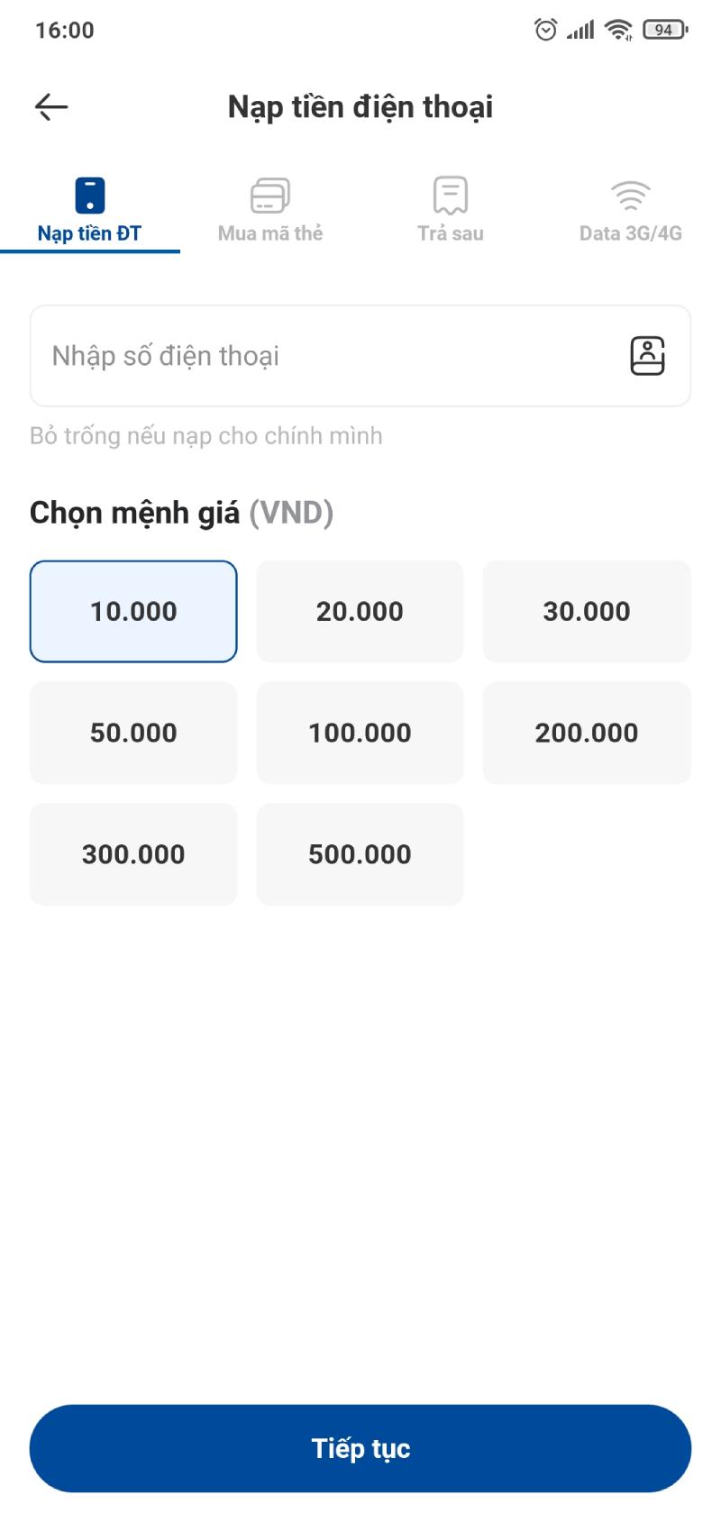 Bạn nhập thông tin thuê bao và mệnh giá nạp vào giao diện