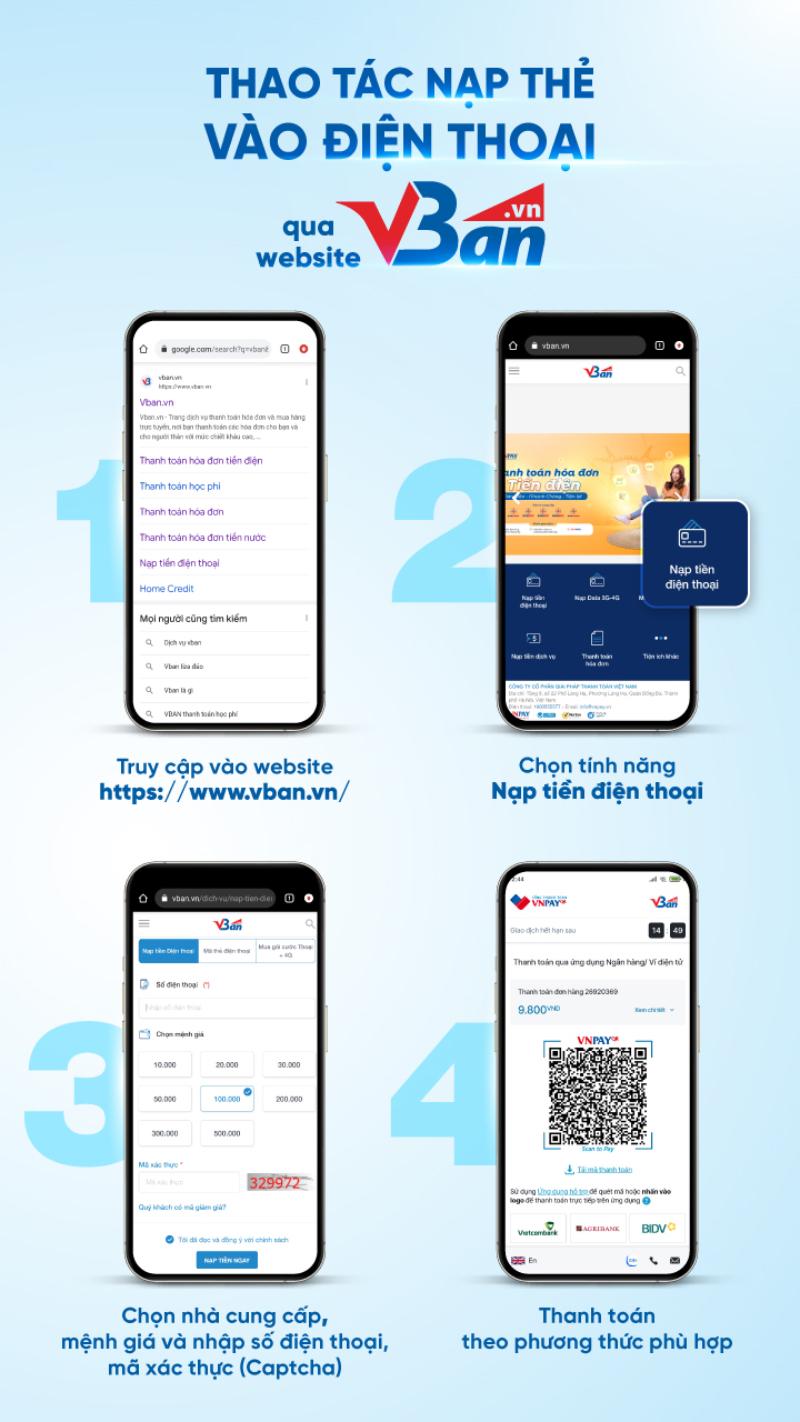 Thao tác nạp điện thoại VinaPhone trả trước qua website VBan