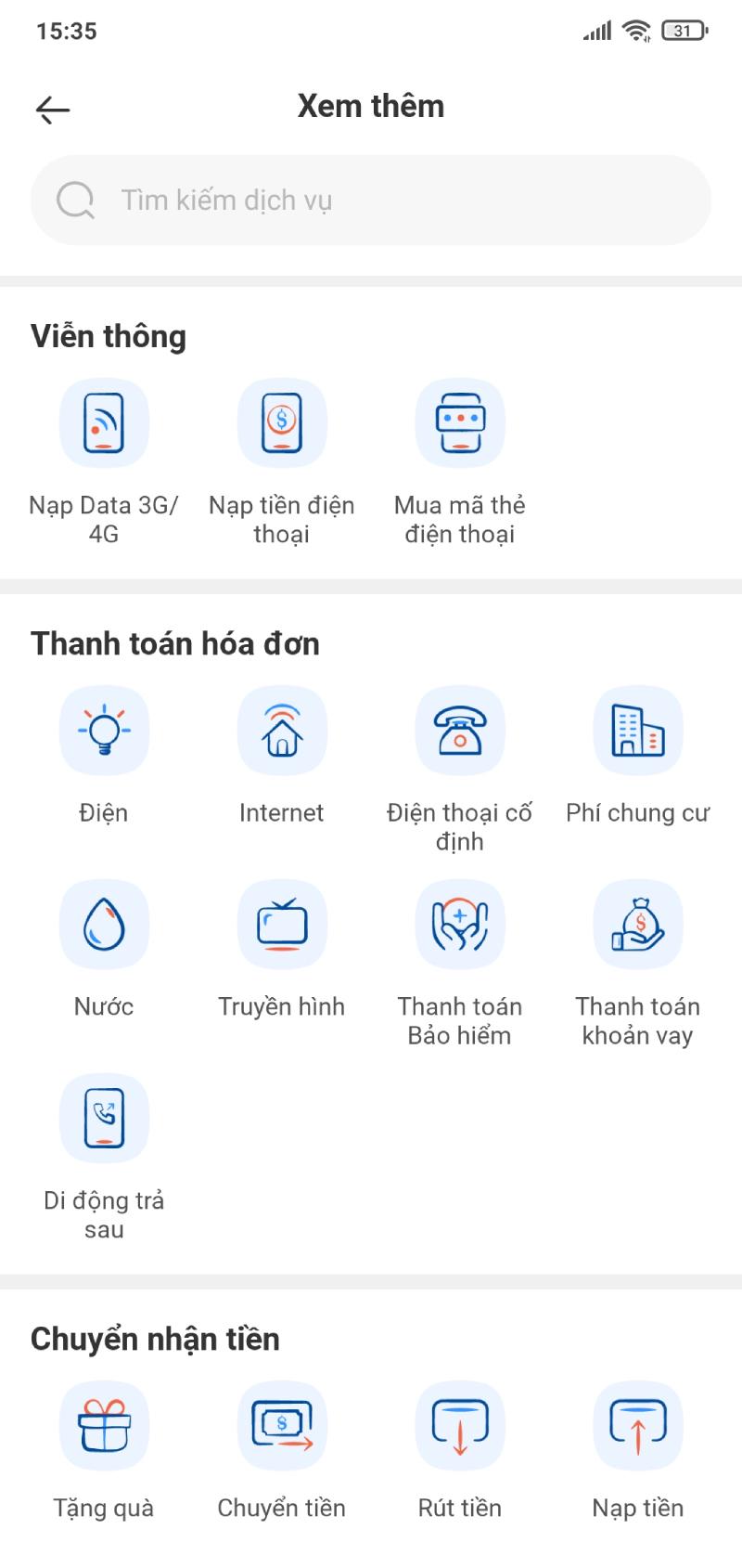 Người dùng hòa mạng VinaPhone trả trước chọn tính năng Nạp tiền điện thoại
