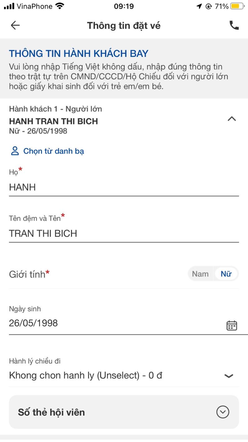 Bạn nhập thông tin đặt vé