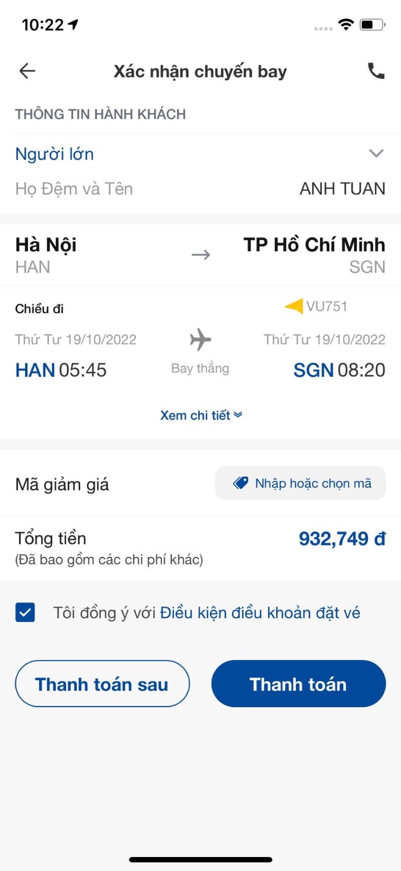 Xác nhận lại thông tin chuyến bay