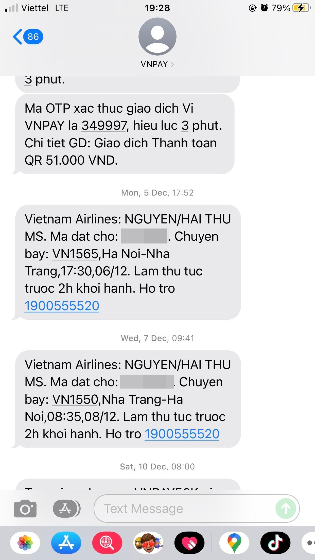 Kiểm tra tin nhắn do đơn vị đặt vé gửi đến