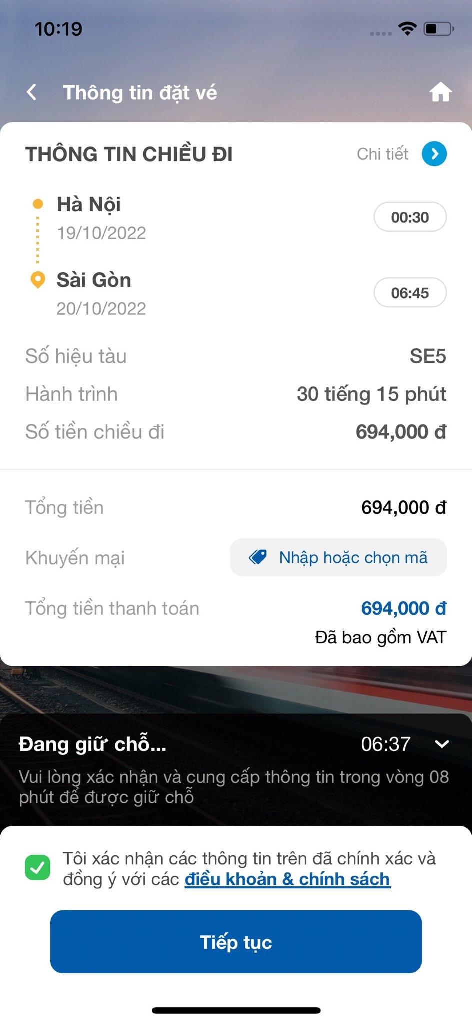 Bạn kiểm tra lại thông tin, tích chọn đồng ý với điều khoản và chọn Tiếp tục
